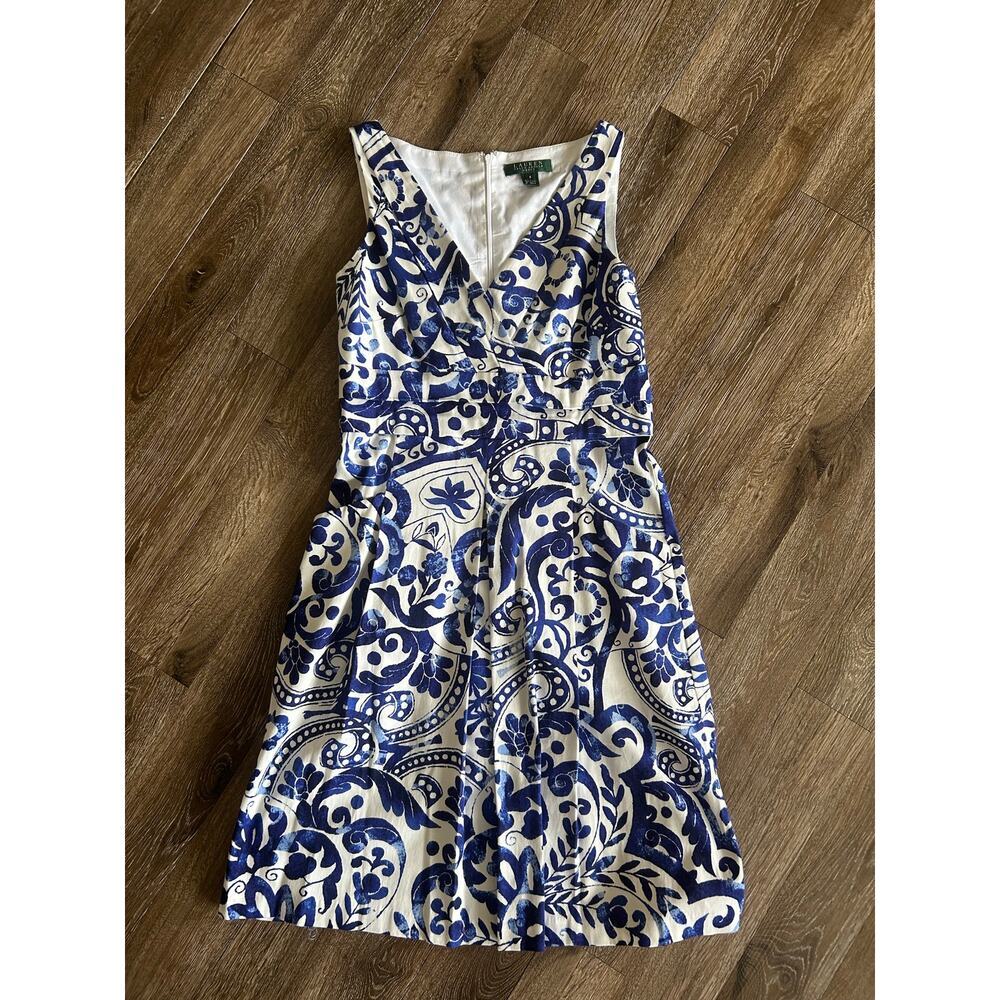 Ralph Lauren, blue and white bold floral midi sleeveless dress, size 4 - Picture 6 of 11
